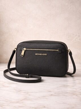 Michael Kors Black Saffiano Crossbody Camera Bag with Gold Hardware